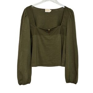 Nation LTD - Olive Green Cotton Slub Square Neck Puff Sleeve Top Large B4